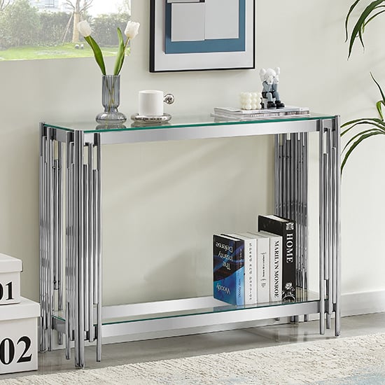 Photo of Vasari clear glass console table with stainless steel frame