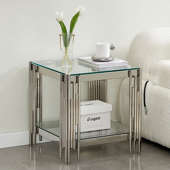 Vasari Clear Glass Lamp Table With Stainless Steel Frame_1