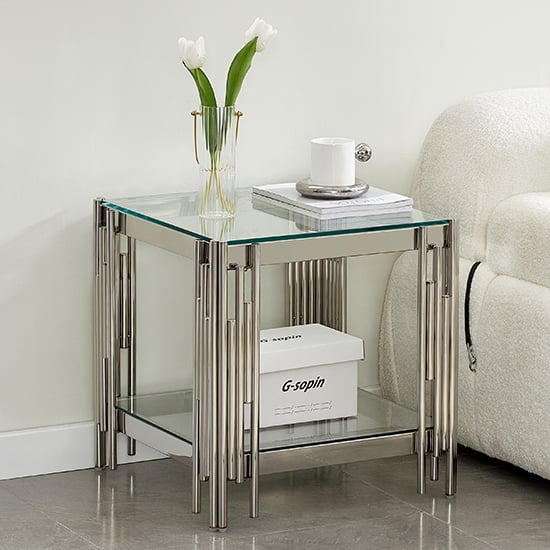 Photo of Vasari clear glass lamp table with stainless steel frame