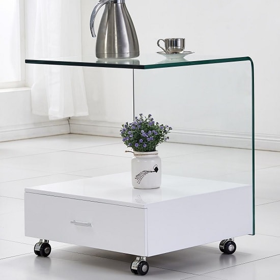 Carlota Glass Lamp Table In Clear With High Gloss White Drawer_1