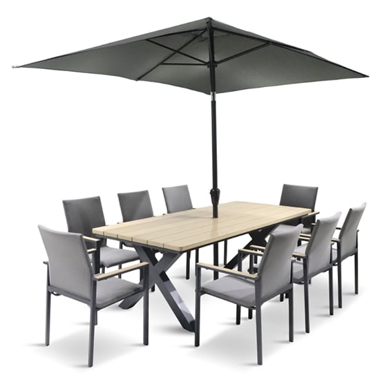 Product photograph of Vega 8 Seater Dining Set With Stacking Chairs And Parasol from Furniture in Fashion
