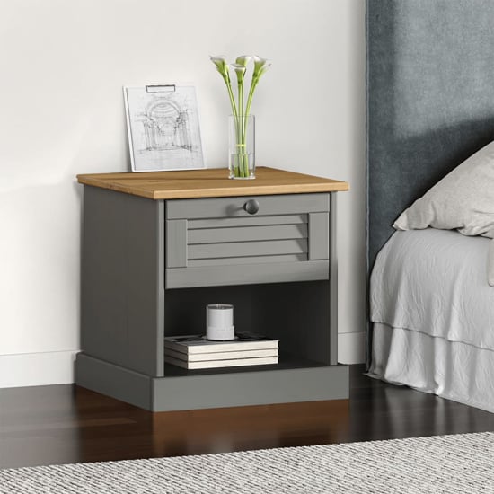 Vega Pinewood Bedside Cabinet With 1 Drawer In Grey