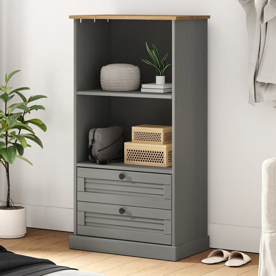 Product photograph of Vega Pinewood Bookcase With 1 Shelf 2 Drawers In Grey from Furniture in Fashion