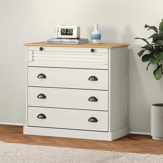 Product photograph of Vega Pinewood Chest Of 4 Drawers In White from Furniture in Fashion