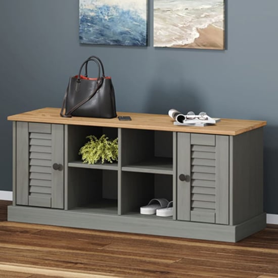 Product photograph of Vega Pinewood Shoe Storage Bench With 2 Doors In Grey from Furniture in Fashion