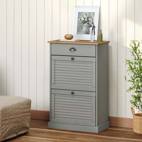 Product photograph of Vega Pinewood Shoe Storage Cabinet With 2 Flap Doors In Grey from Furniture in Fashion