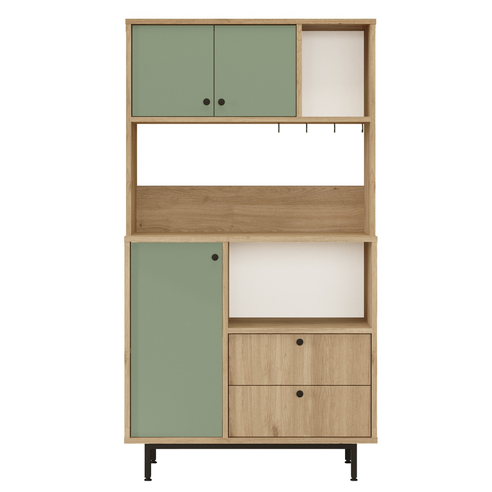 Velano Wooden Coffee Station Cabinet with 3 Green Doors 2 Drawers in Oak