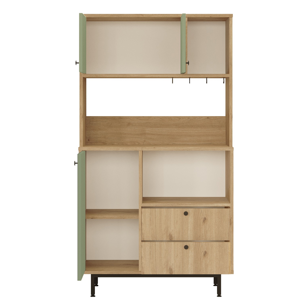 Velano Wooden Coffee Station Cabinet with 3 Green Doors 2 Drawers in Oak