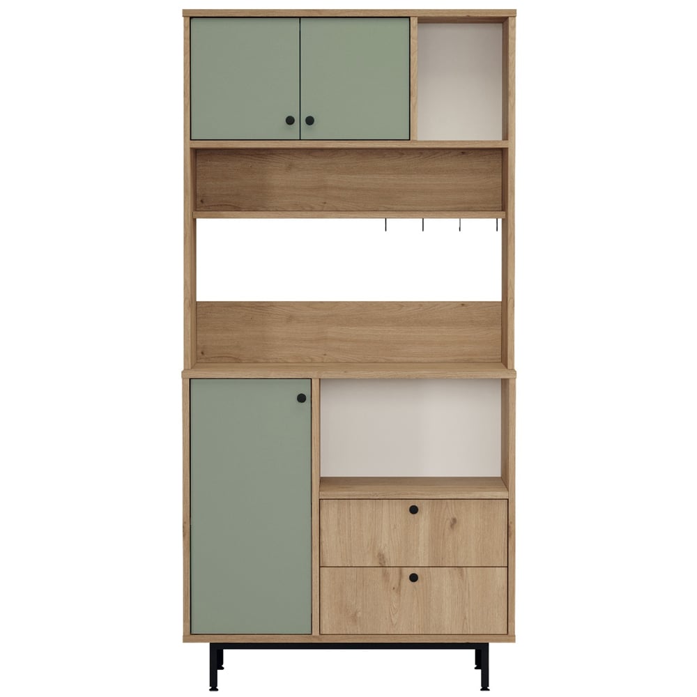 Velano Wooden Coffee Station Cabinet with 3 Green Doors 2 Shelf in Oak