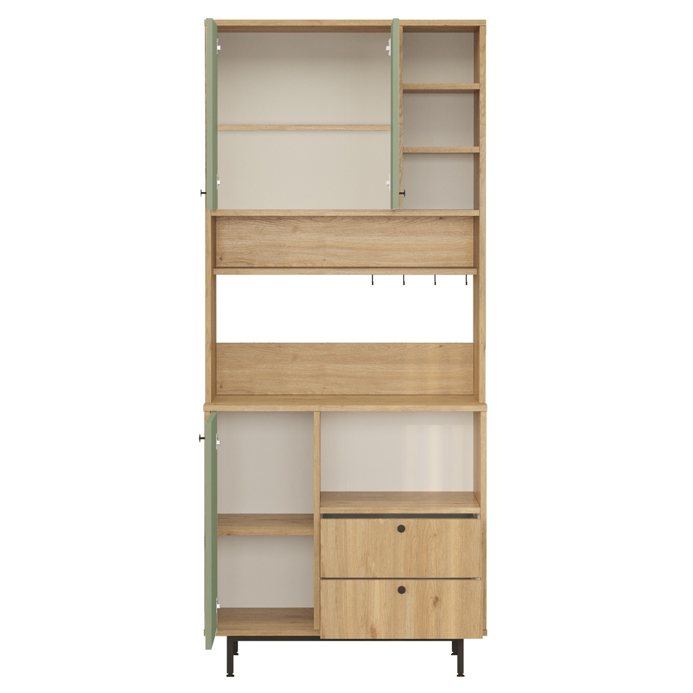 Velano Wooden Coffee Station Cabinet with 3 Green Doors 4 Shelf in Oak