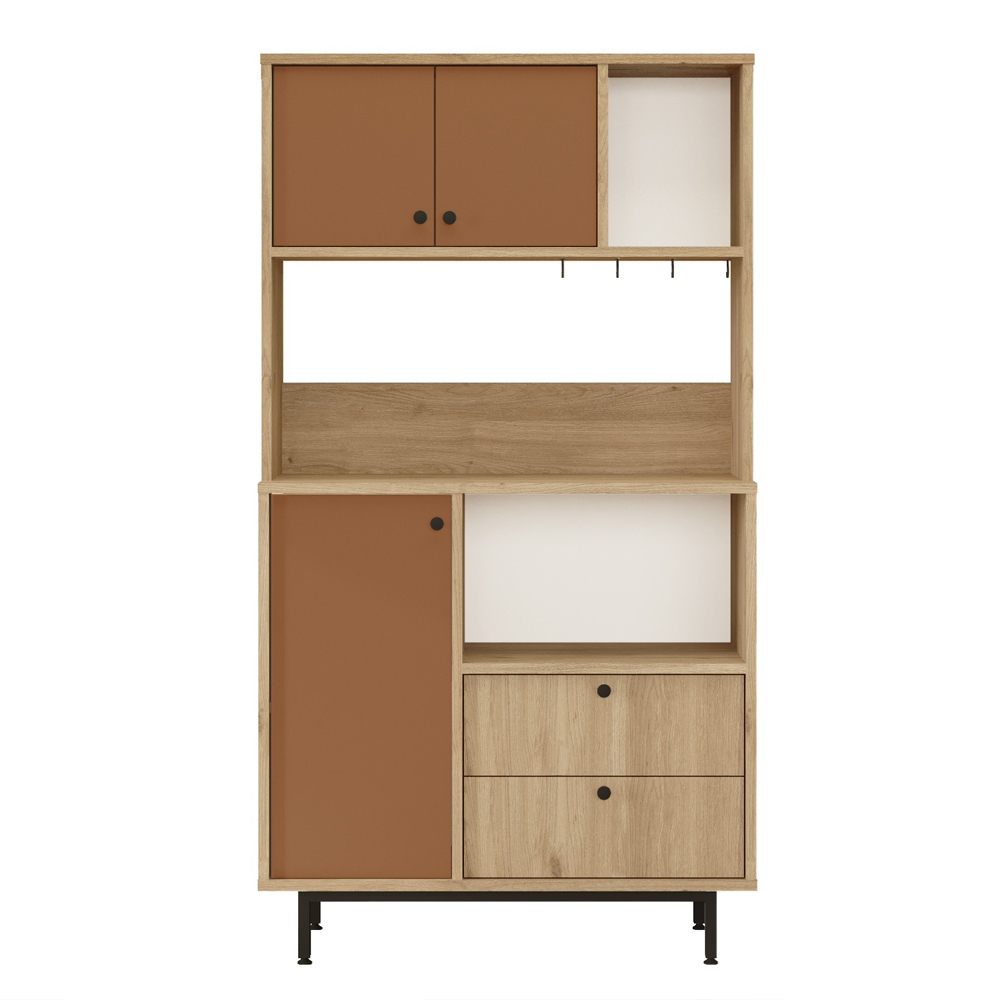 Velano Wooden Coffee Station Cabinet with 3 Tile Red Doors 2 Drawers in Oak