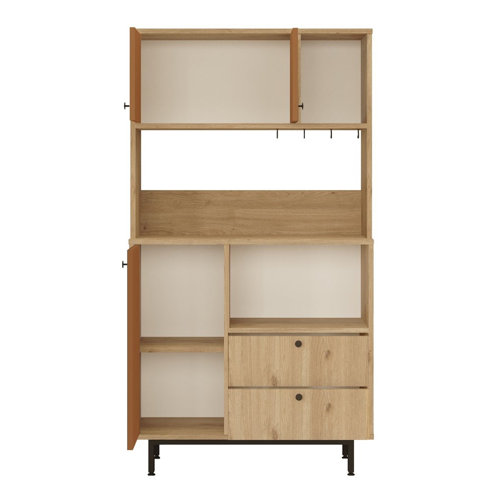 Velano Wooden Coffee Station Cabinet with 3 Tile Red Doors 2 Drawers in Oak