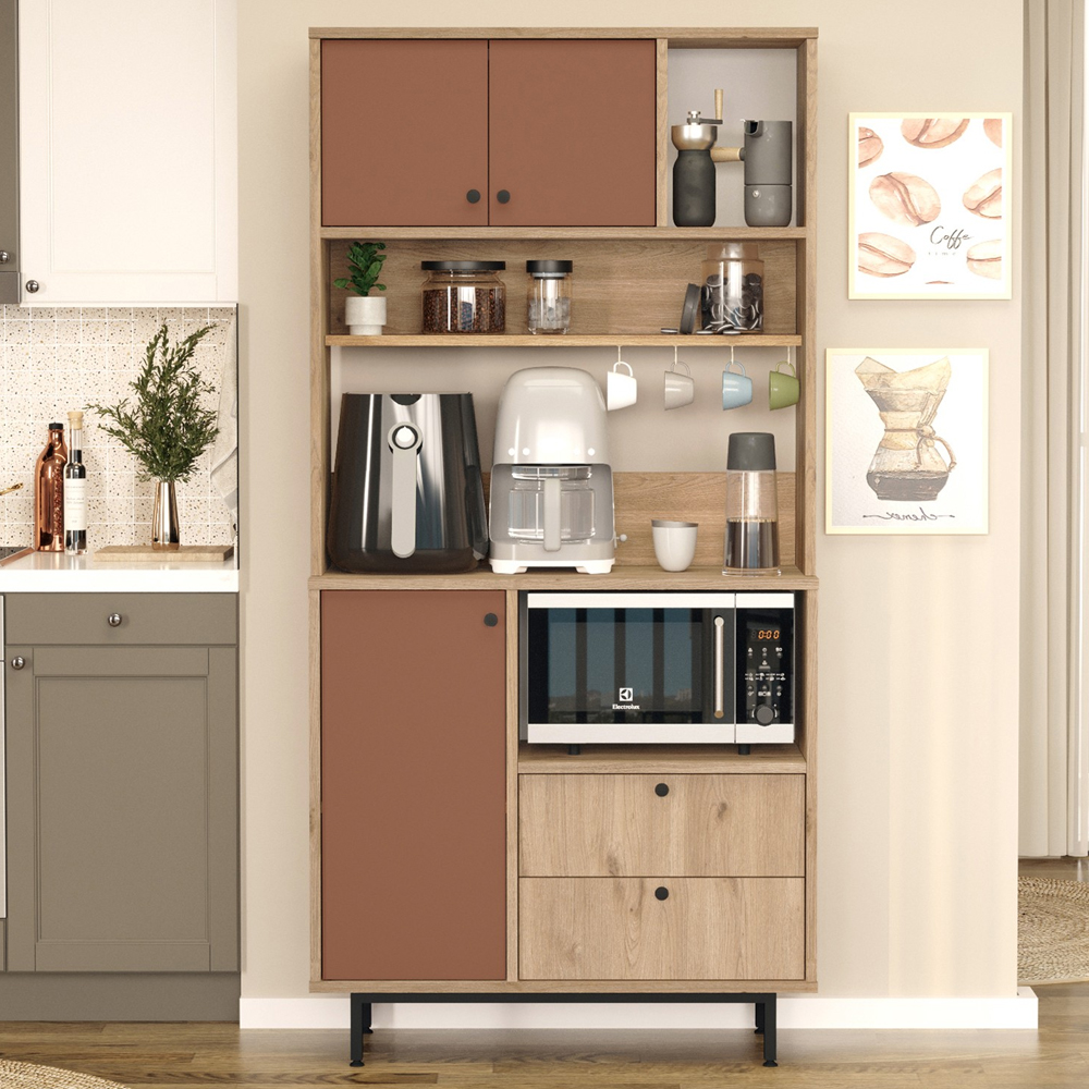 vVelano Wooden Coffee Station Cabinet with 3 Tile Red Doors 2 Shelf in Oak