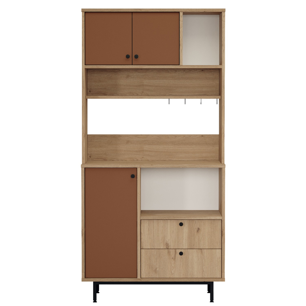 vVelano Wooden Coffee Station Cabinet with 3 Tile Red Doors 2 Shelf in Oak