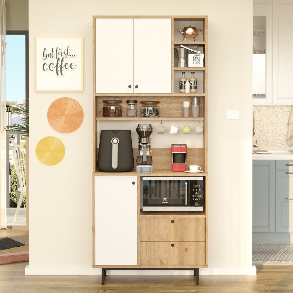 Velano Wooden Coffee Station Cabinet with 3 White Doors 4 Shelf in Oak