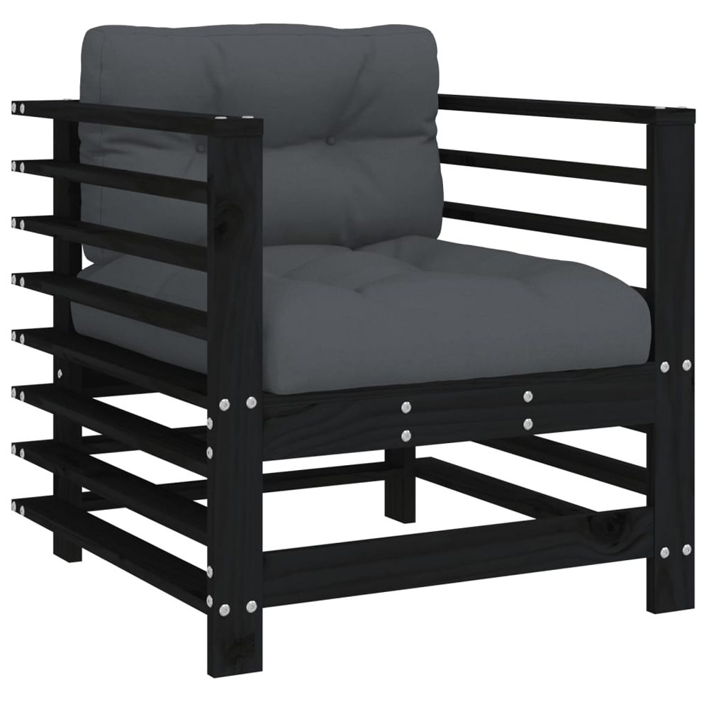 Velaro Garden Black Solid Pinewood Armchairs with Anthracite Cushions in Pair
