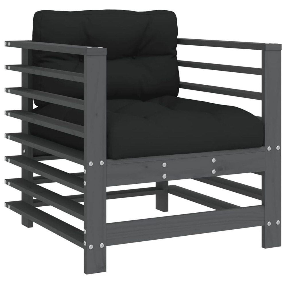 Velaro Garden Grey Solid Pinewood Armchairs with Black Cushions in Pair