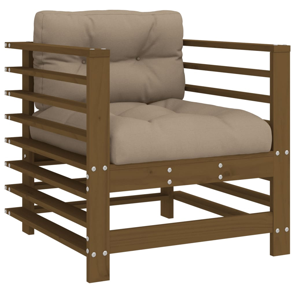 Velaro Garden Honey Brown Solid Pinewood Armchairs with Taupe Cushions in Pair