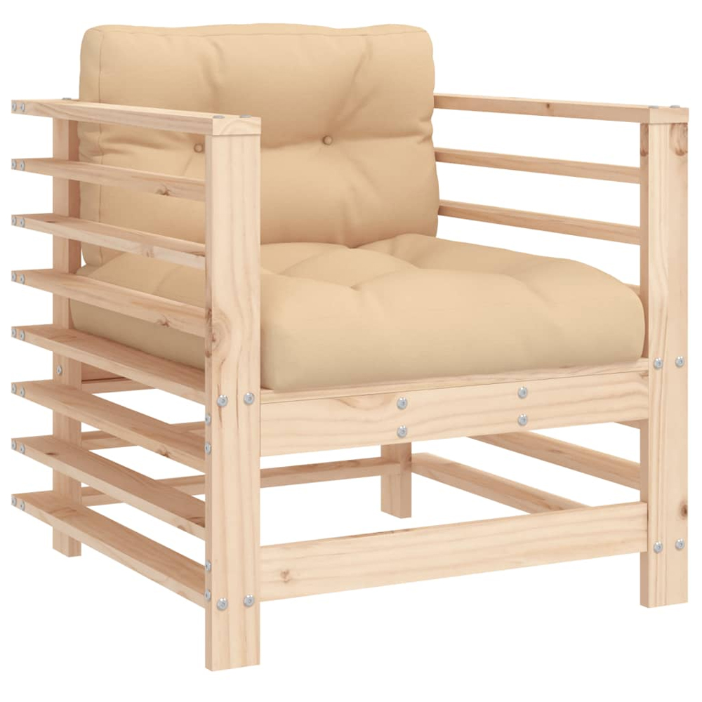 Velaro Garden Natural Solid Pinewood Armchairs with Beige Cushions in Pair