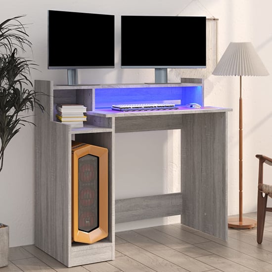 Product photograph of Velez Wooden Computer Desk In Grey Sonoma Oak With Led Lights from Furniture in Fashion