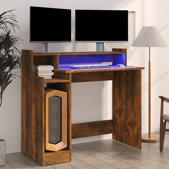 Product photograph of Velez Wooden Computer Desk In Smoked Oak With Led Lights from Furniture in Fashion