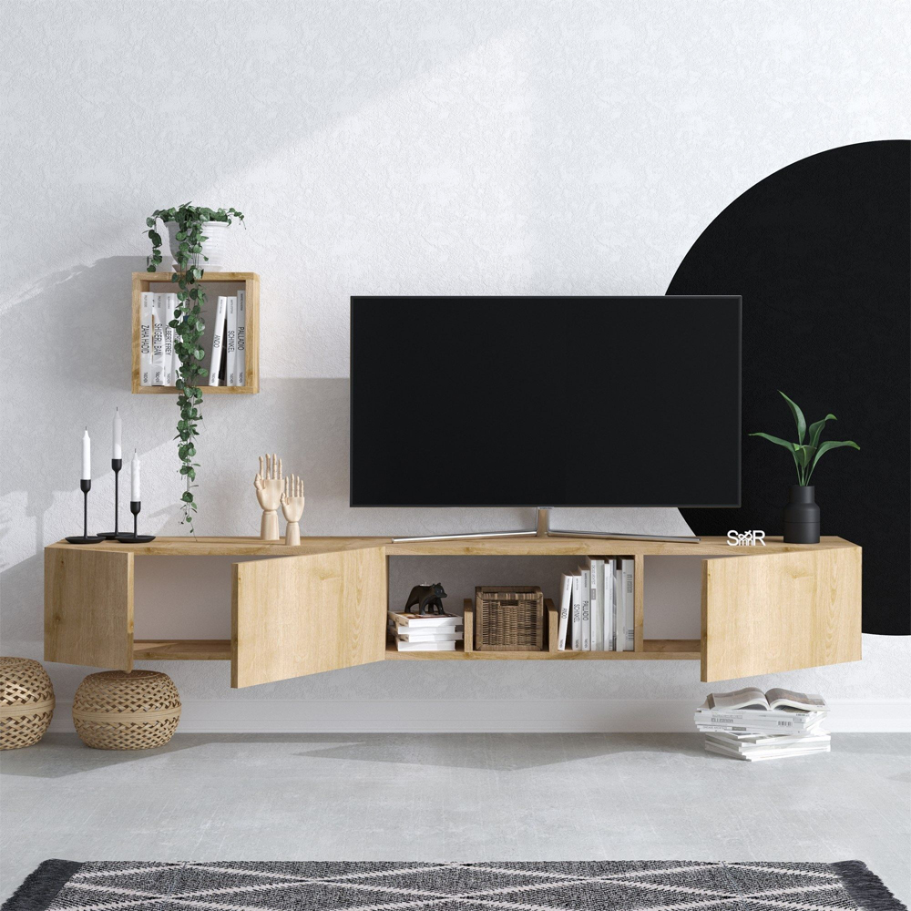 Velmora Wooden TV Stand With 3 Doors In Sapphire Oak
