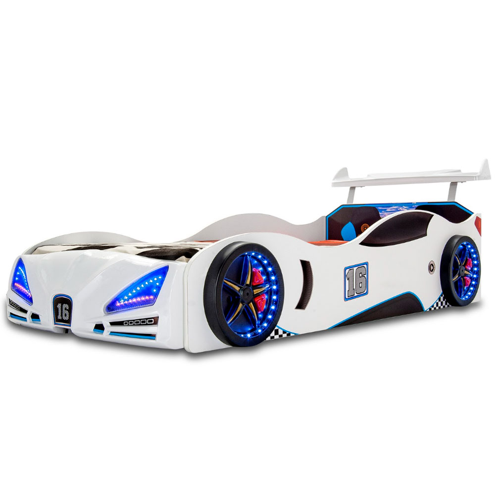 Velocity White ABS Children Car Bed with Spoiler and LED