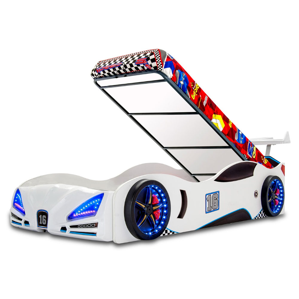 Velocity White ABS Children Car Bed with Spoiler and LED