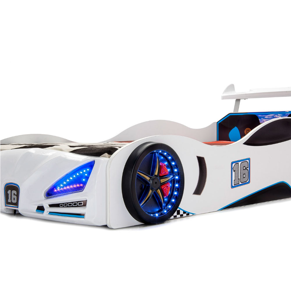 Velocity White ABS Children Car Bed with Spoiler and LED