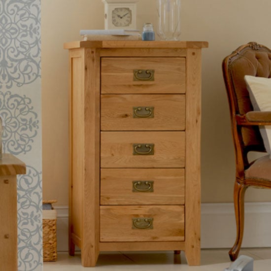 Product photograph of Velum Tall Chest Of Drawers In Chunky Solid Oak With 5 Drawers from Furniture in Fashion