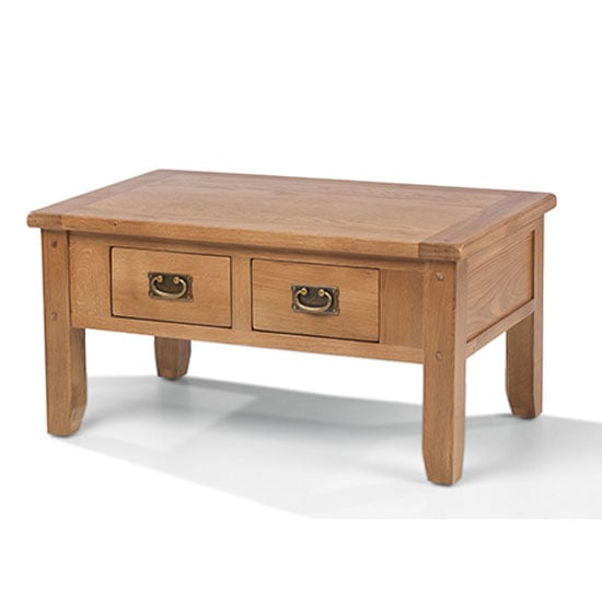 Photo of Velum wooden small coffee table in chunky solid oak with drawers