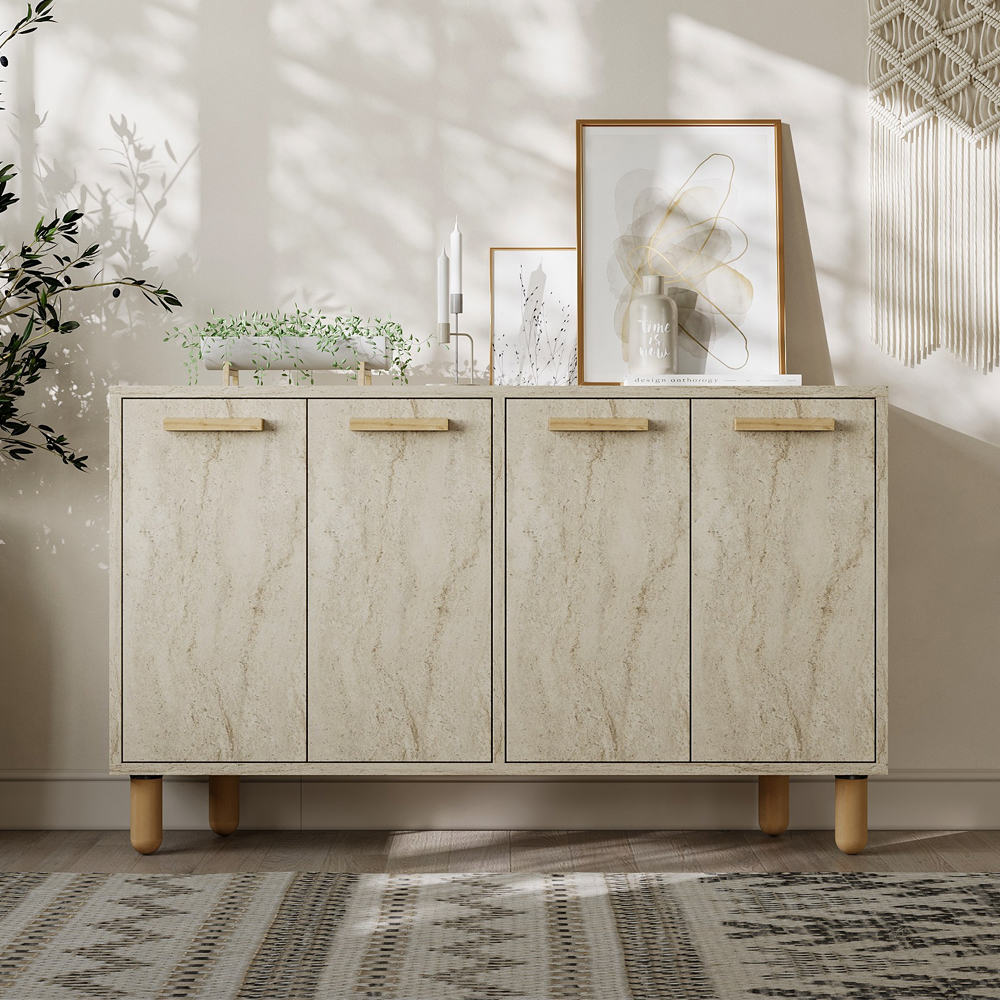 Venedik Wooden Sideboard with 4 Doors in Travertine Marble Effect