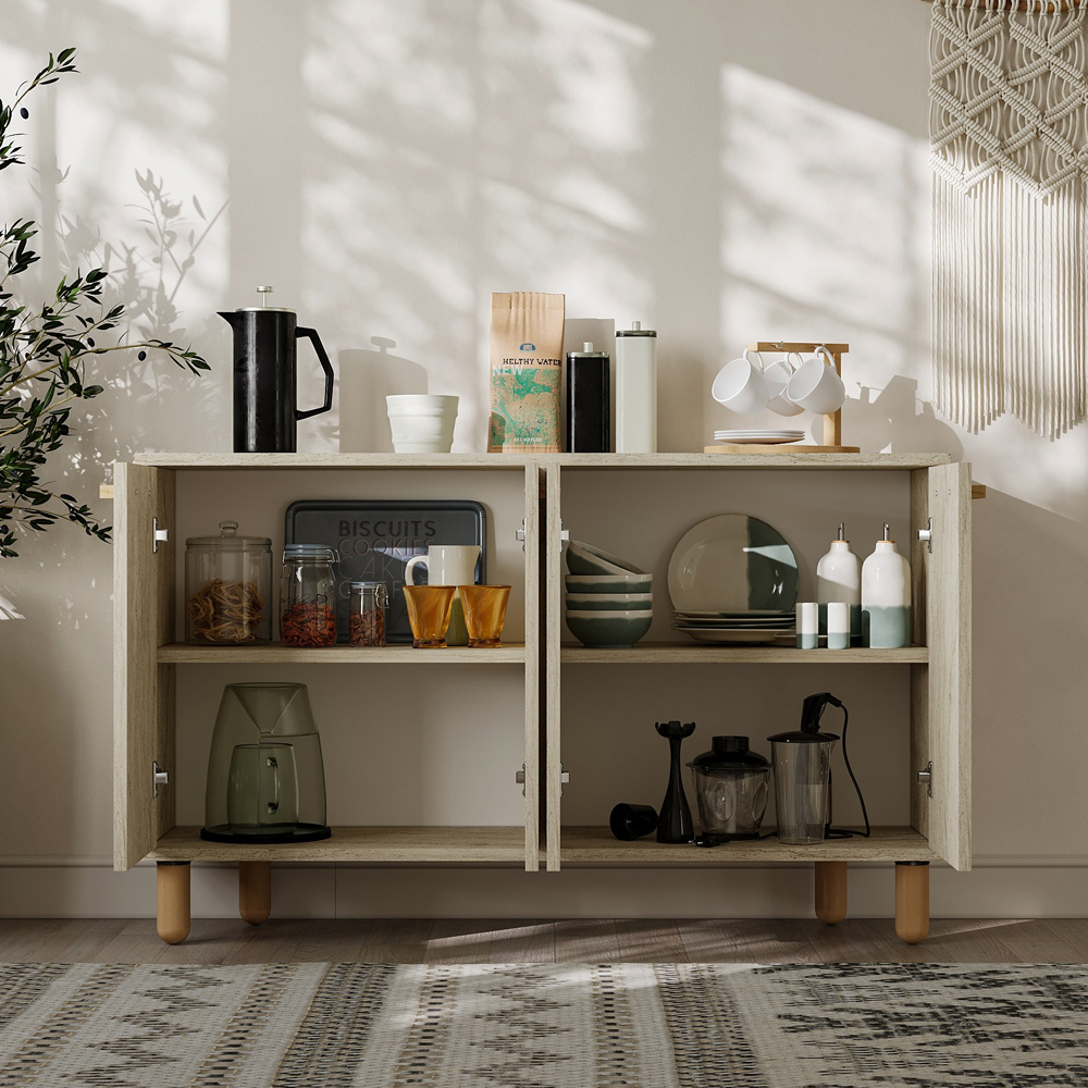 Venedik Wooden Sideboard with 4 Doors in Travertine Marble Effect