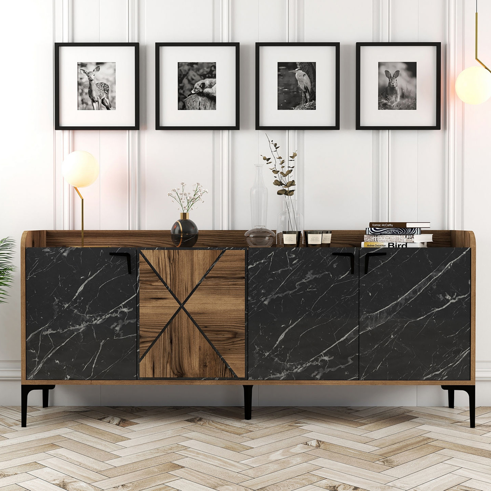 Venedik Wooden Sideboard with 4 Doors in Walnut and Black Marble Effect