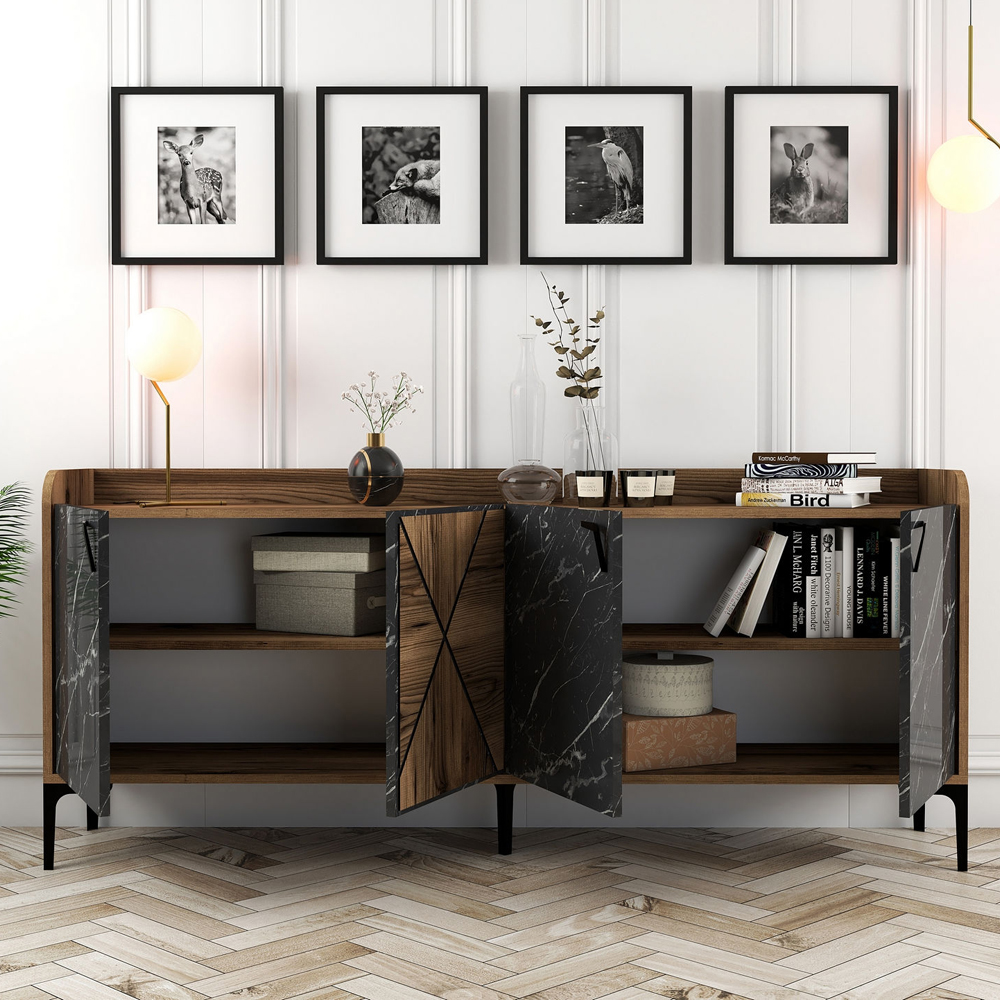 Venedik Wooden Sideboard with 4 Doors in Walnut and Black Marble Effect
