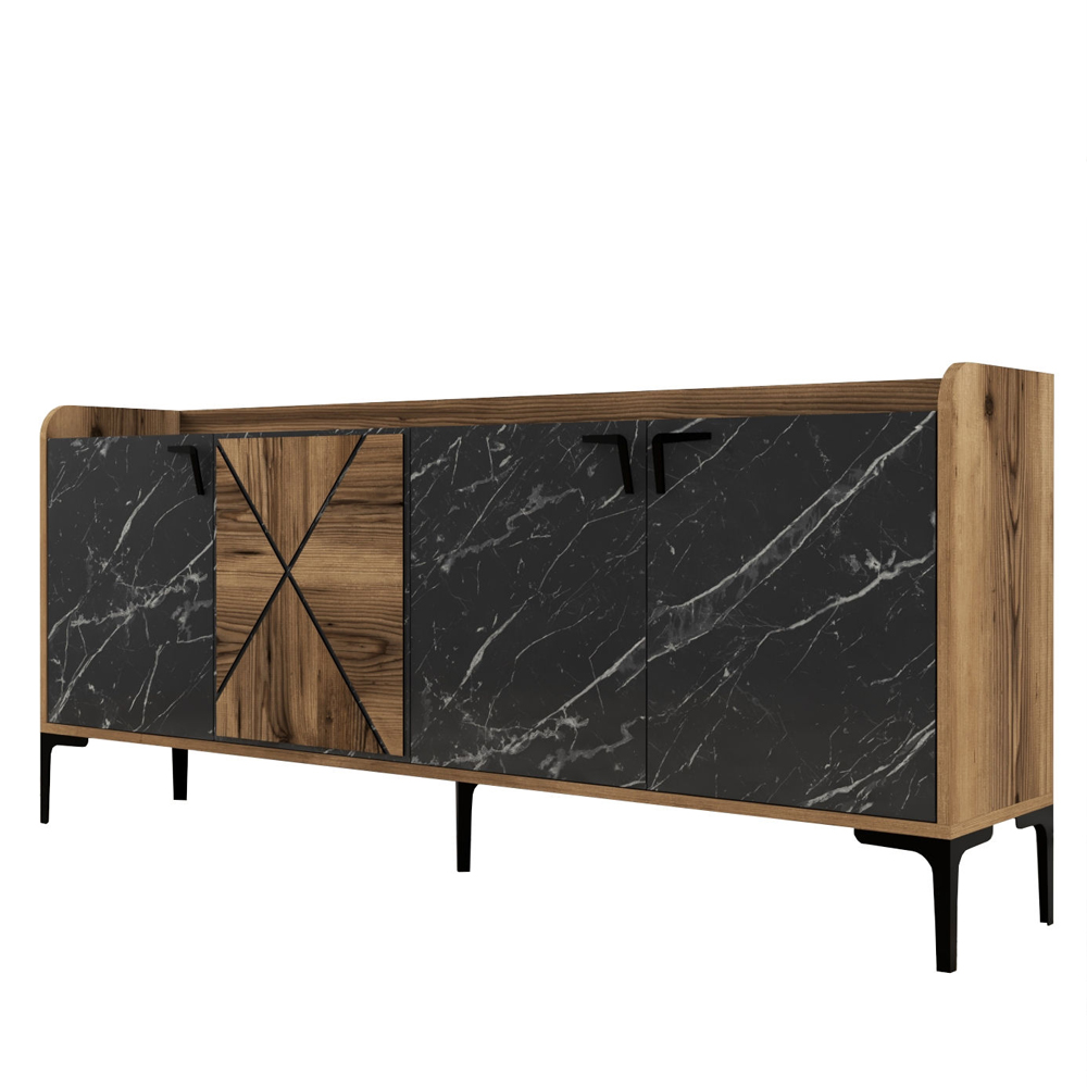 Venedik Wooden Sideboard with 4 Doors in Walnut and Black Marble Effect