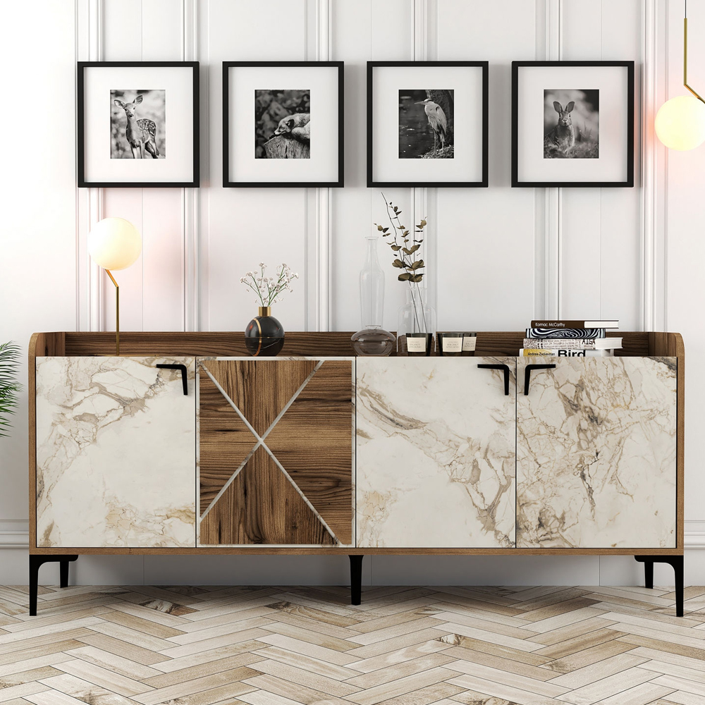 Venedik Wooden Sideboard with 4 Doors in Walnut and White Marble Effect