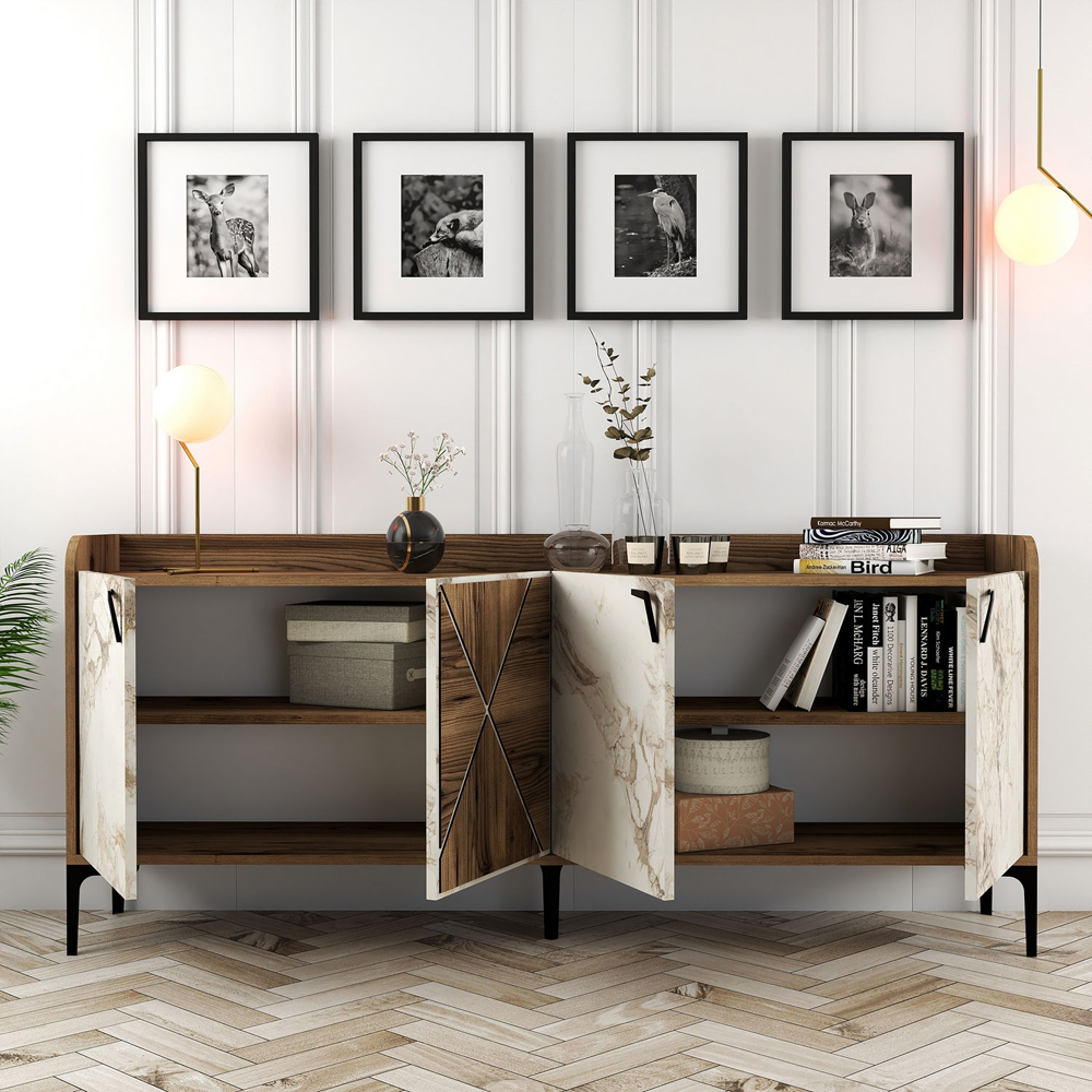 Venedik Wooden Sideboard with 4 Doors in Walnut and White Marble Effect