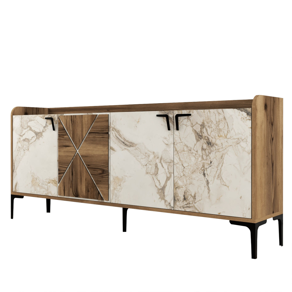 Venedik Wooden Sideboard with 4 Doors in Walnut and White Marble Effect