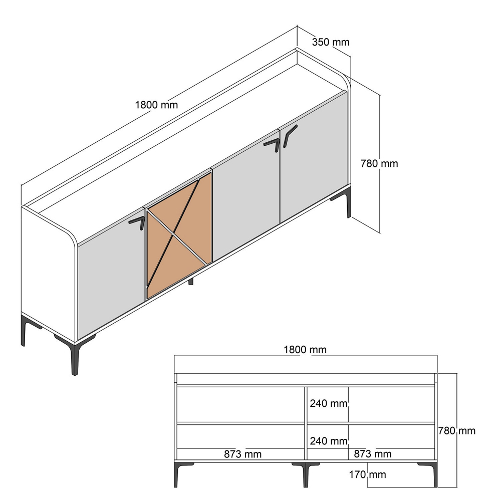 Venedik Wooden Sideboard with 4 Doors in Walnut and White Marble Effect