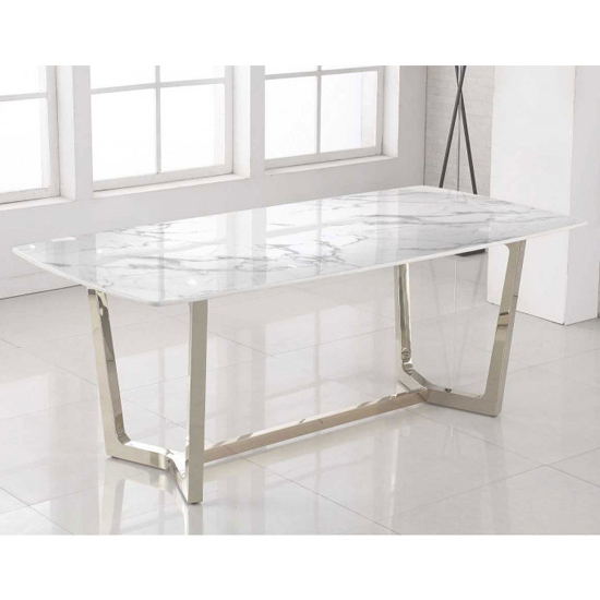 Rectangular White Marble Dining Table With Silver Legs