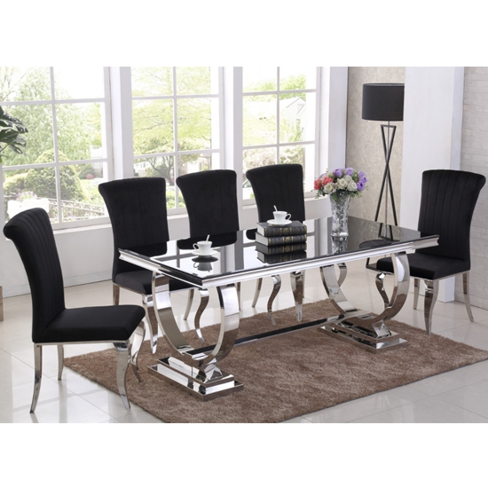 Venica Black Glass Rectangular Dining Table With Chrome Base ...