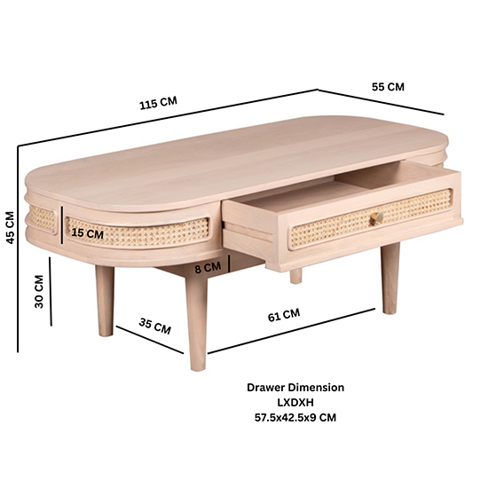 Venice Cane And Mango Wood Coffee Table 1 Drawer In Natural