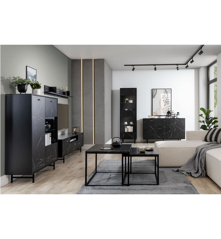 Venice Wooden Display Cabinet Tall 1 Door In Black Marble Effect