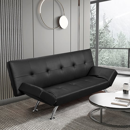 Read more about Venice faux leather sofa bed in black with chrome metal legs