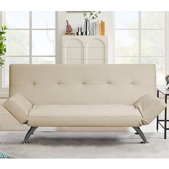 Product photograph of Venice Faux Leather Sofa Bed In Cream With Chrome Metal Legs from Furniture in Fashion