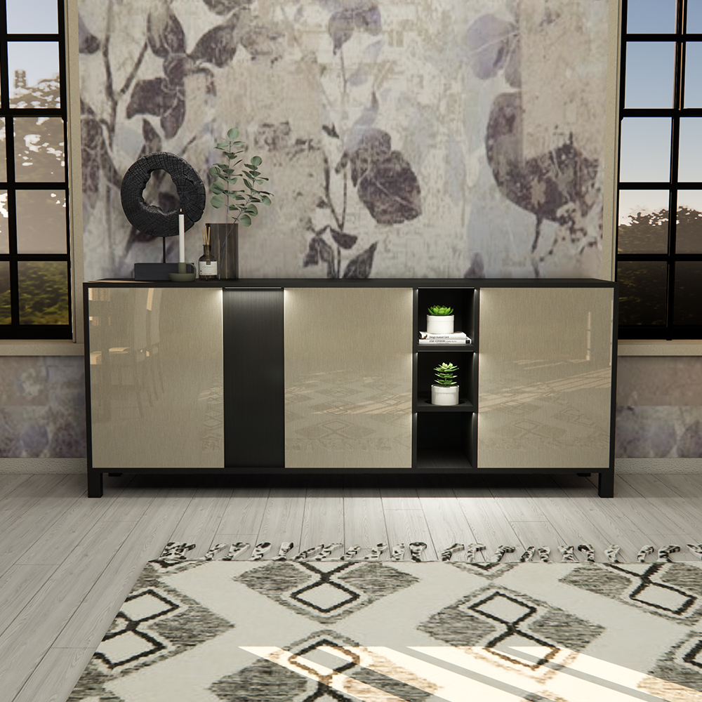 Venice High Gloss Sideboard With 3 Doors In Champagne And LED