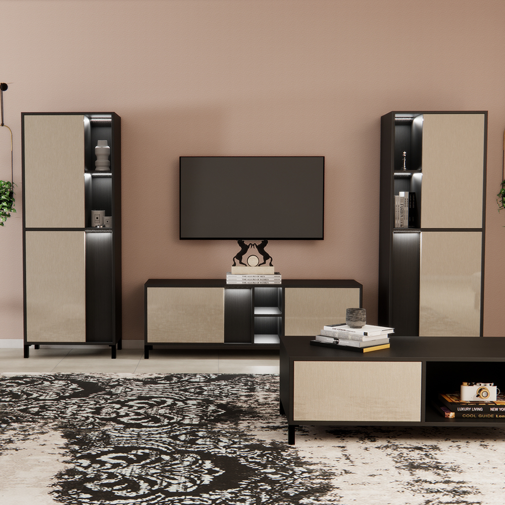 Venice Living Room Set With Display Cabinet In Champagne And LED