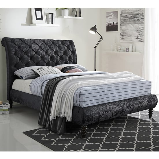 Read more about Venice velvet double bed in black with black wooden legs