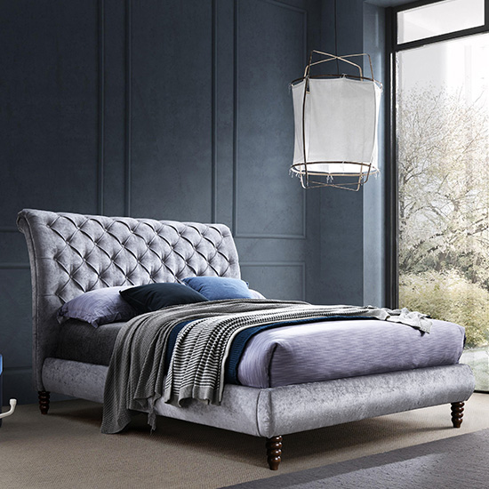 Read more about Venice velvet double bed in grey with black wooden legs